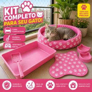 Kit Acessórios para Gato Caminha de Gato + Caixa de Areia + Bebedouro Gato + Comedouro Gato